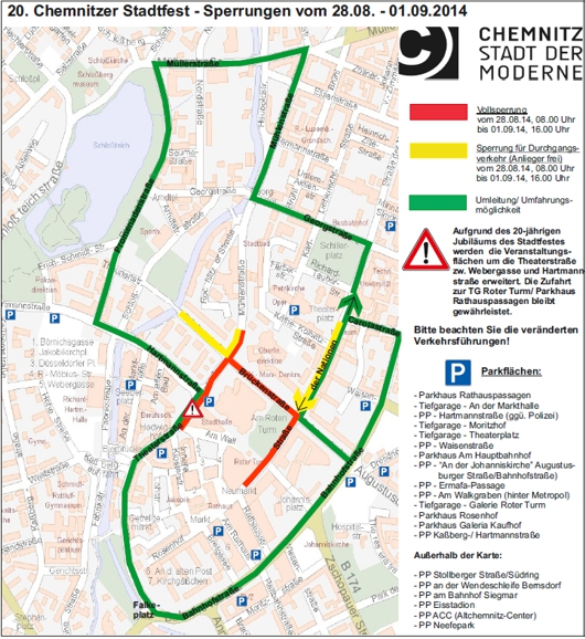 20. Chemnitzer Stadtfest - Übersichtsplan zu Verkehrsraumeinschränkungen 20. Chemnitzer Stadtfest - Übersichtsplan zu Verkehrsraumeinschränkungen