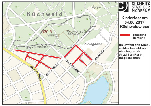 Übersicht der Sperrungen im Umfeld des Kinderfestes Küchwaldpark am 4. Juni Übersicht der Sperrungen im Umfeld des Kinderfestes Küchwaldpark am 4. Juni