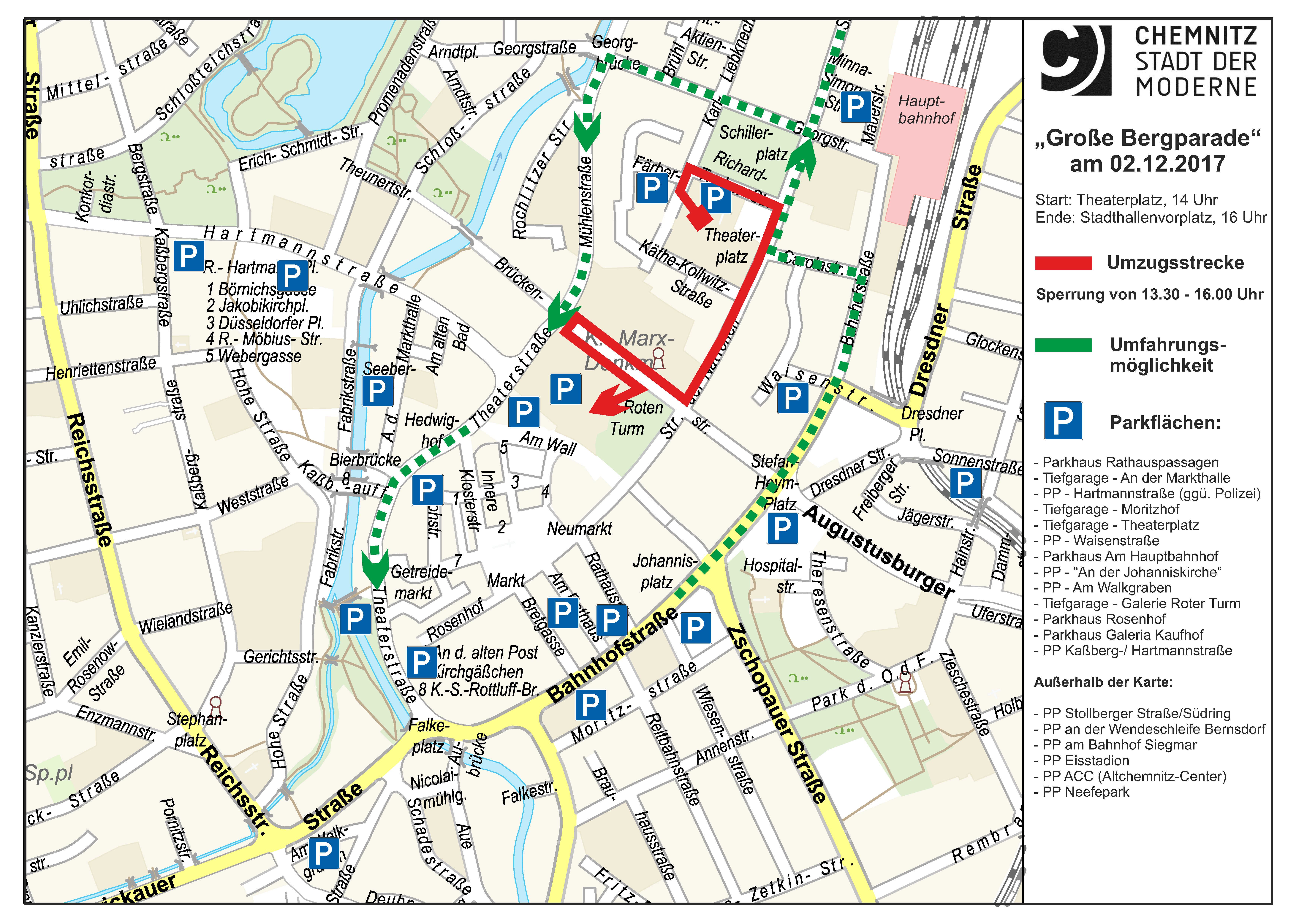 Übersichtsplan Verkehrseinschränkungen zur Bergparade am 02.12.2017