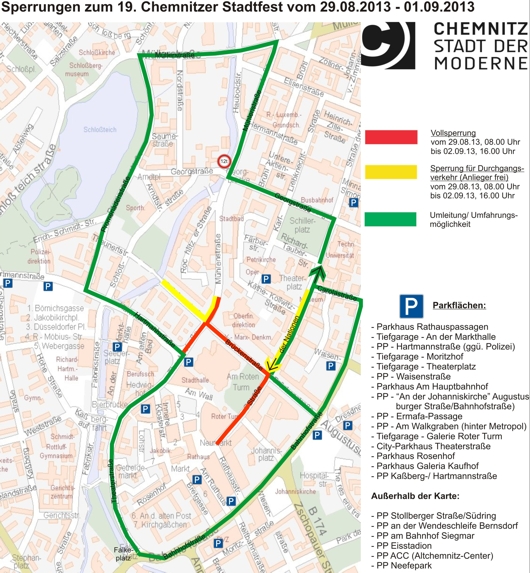 Übersichtskarte der Verkehrseinschränkungen zum Chemnitzer Stadtfest Übersichtskarte der Verkehrseinschränkungen zum Chemnitzer Stadtfest