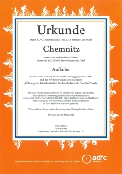 Urkunde des ADFC als "Aufholer" 2014