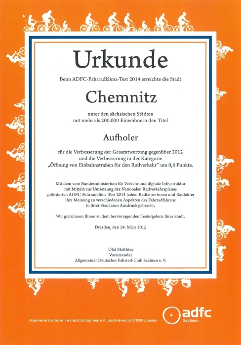 Urkunde des ADFC als 